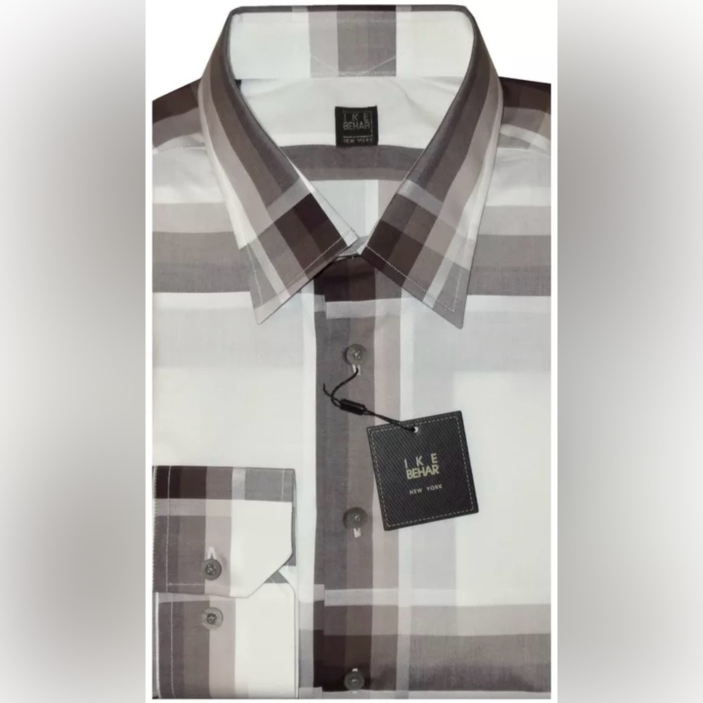 XL/XXL IKE BEHAR SHIRT NEW DRESS MENS CASUAL WHITE & BROWN TONES PLAID